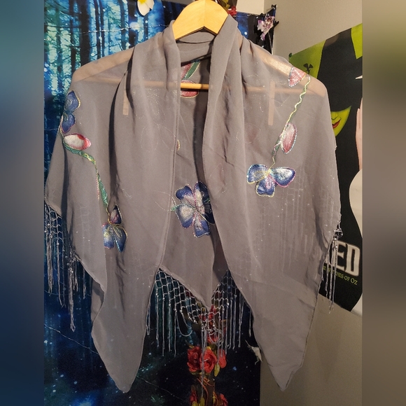 NWOT Stunning grey shawl with beaded tassels and gorgeous rainbow embroidery - Picture 2 of 4